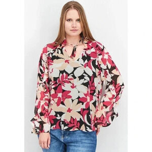 Calvin Klein Tie Neck Long Sleeve Floral Top Black Pink Size Medium